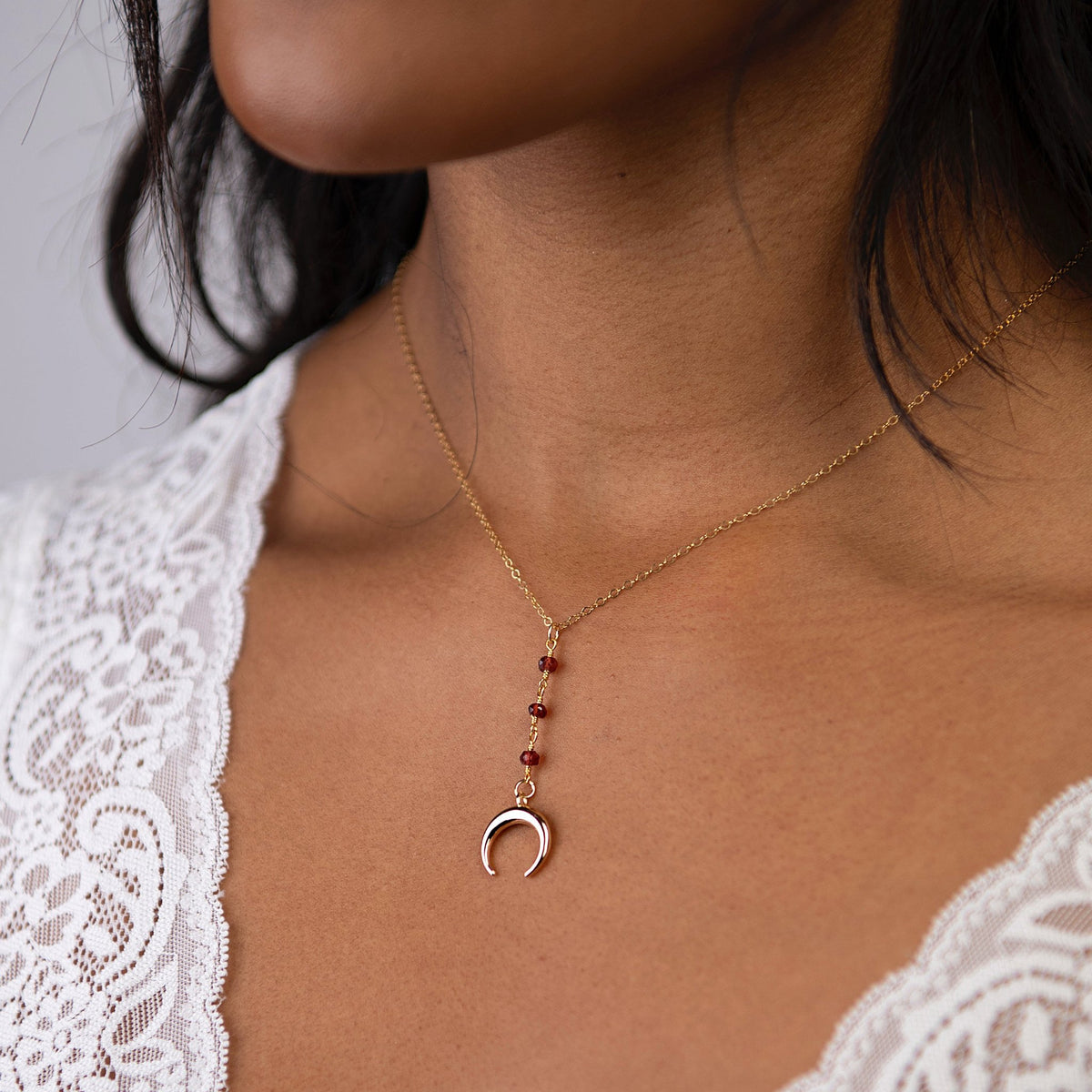 Crescent Horn Garnet Lariat Necklace